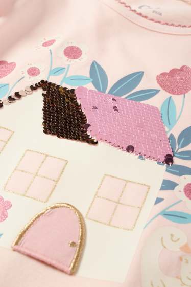 Kinder Mädchen - Gänse und Haus - Langarmshirt - Glanz-Effekt - rosa