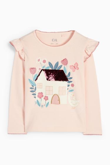 Kinder Mädchen - Gänse und Haus - Langarmshirt - Glanz-Effekt - rosa