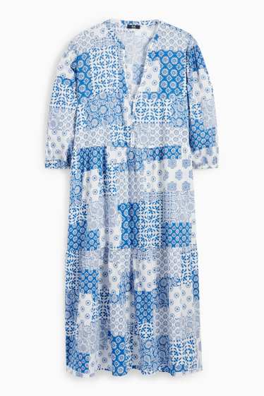 Damen - Blusenkleid mit V-Ausschnitt - gemustert - weiß / hellblau