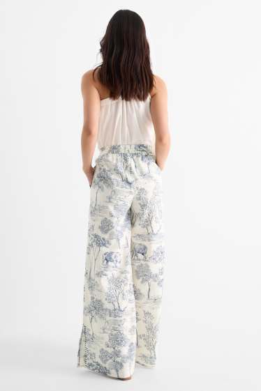 Dámské - Rangsutra x C&A - plátěné kalhoty - high waist - palazzo - tmavomodrá / krémově bílá