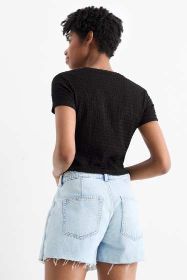 Femmes - T-shirt court - texturé - noir