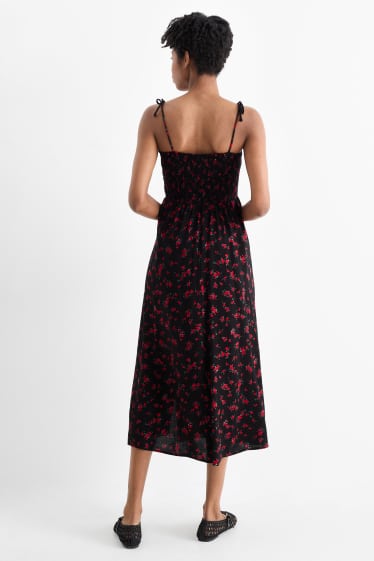 Damen - Fit & Flare Kleid - geblümt - gesmokt - schwarz