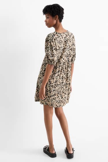 Damen - A-Linien Kleid mit Leinen-Anteil - Leo-Print - schwarz / beige
