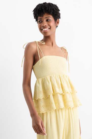 Women - Blouse top - broderie anglaise - smocked - light yellow