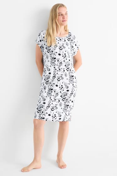 Donna - Camicia da notte di viscosa - a fiori - bianco / nero