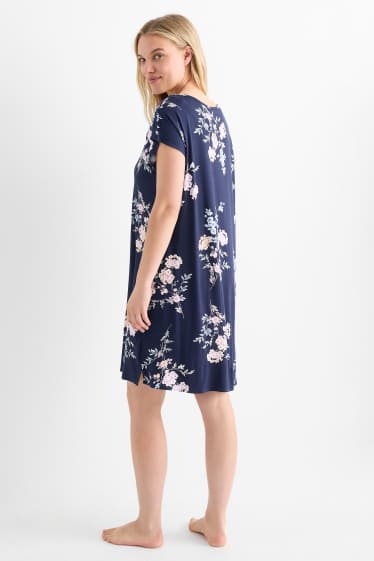 Dames - Nachthemd van viscose - gebloemd - donkerblauw