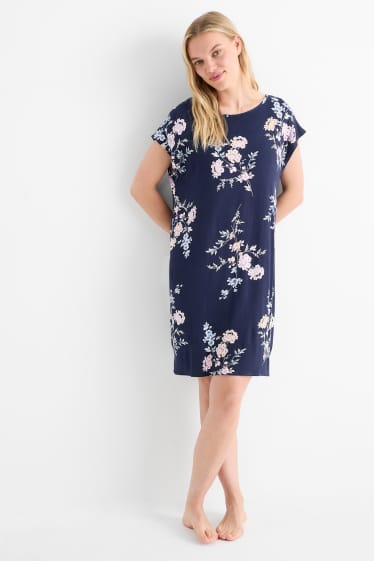 Dames - Nachthemd van viscose - gebloemd - donkerblauw