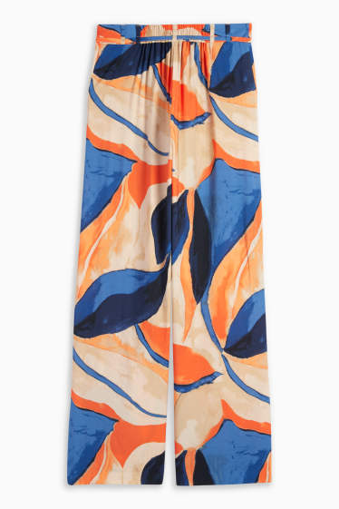 Dames - Pantalon - high waist - wide leg - met patroon - oranje / blauw