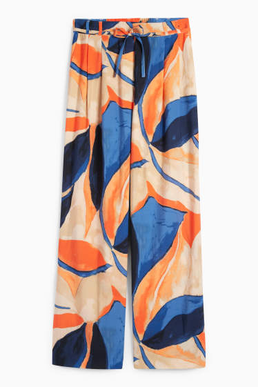 Dames - Pantalon - high waist - wide leg - met patroon - oranje / blauw