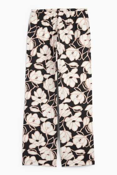 Dames - Pantalon - mid waist - palazzo - gebloemd - zwart / beige