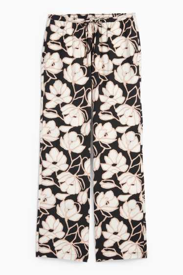Dames - Pantalon - mid waist - palazzo - gebloemd - zwart / beige
