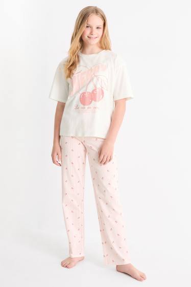 Enfants filles - Cerise - pyjama - 2 pièces - blanc / rose