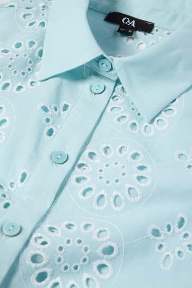 Damen - Bluse - Broderie Anglaise - türkis