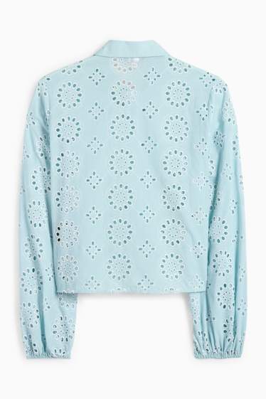 Damen - Bluse - Broderie Anglaise - türkis
