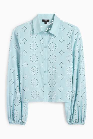 Damen - Bluse - Broderie Anglaise - türkis