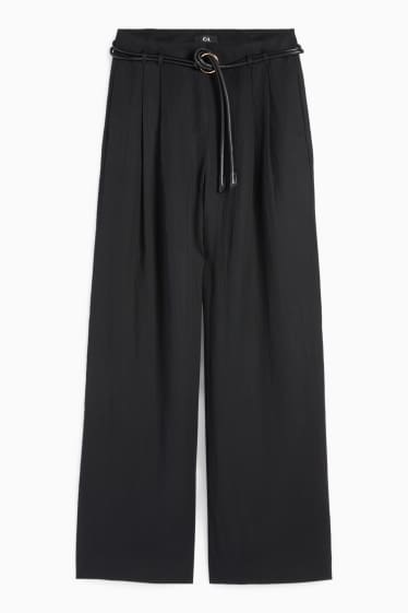 Dames - Pantalon met ceintuur - high waist - wide leg - zwart