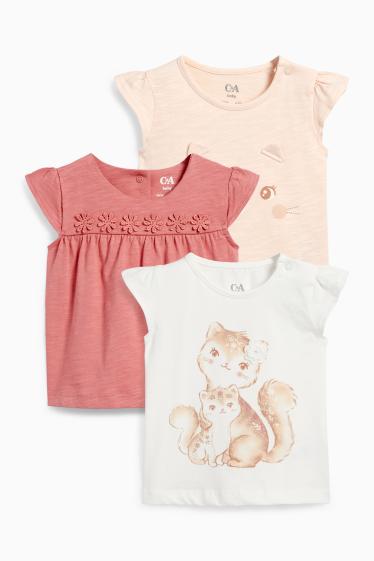 Bébés filles - Lot de 3 - petites fleurs et petits chats - T-shirt bébé - blanc / rose