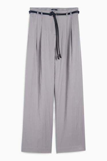 Damen - Stoffhose mit Gürtel - High Waist - Wide Leg - grau