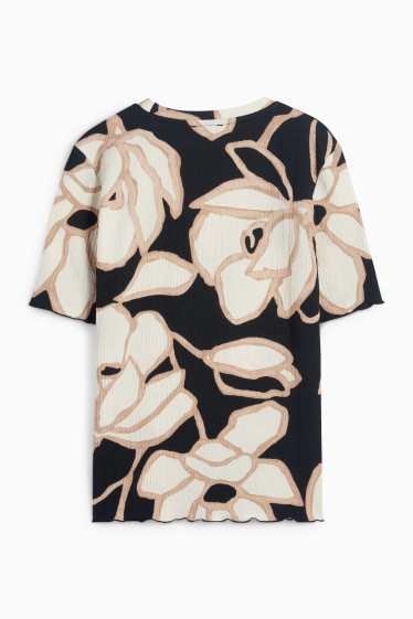 Women - T-shirt - regular fit - floral - textured - black / beige