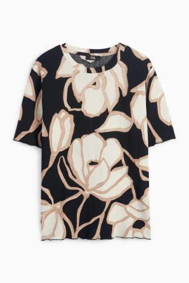 Women - T-shirt - regular fit - floral - textured - black / beige