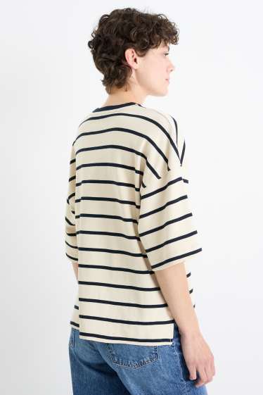 Dona - Samarreta bàsica de màniga curta - oversized - de ratlles - negre/beix