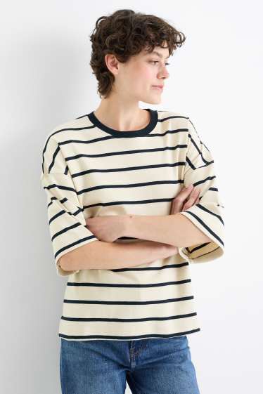 Dona - Samarreta bàsica de màniga curta - oversized - de ratlles - negre/beix