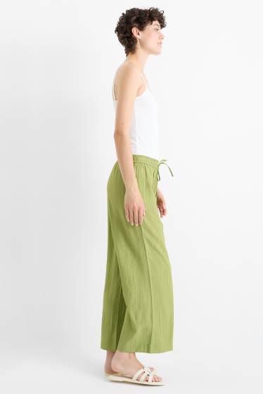 Dámské - Plátěné kalhoty - high waist - wide leg - strukturované - zelená