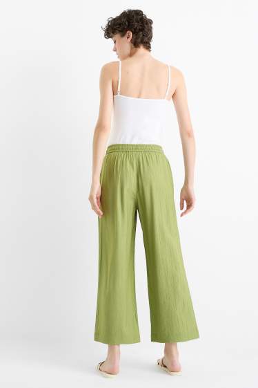Dámské - Plátěné kalhoty - high waist - wide leg - strukturované - zelená
