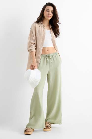 Damen - Stoffhose - Mid Waist - Wide Leg - hellgrün