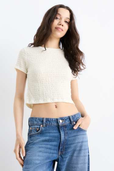 Femmes - T-shirt court - texturé - blanc