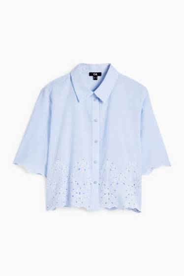 Damen - Bluse - Broderie Anglaise - hellblau