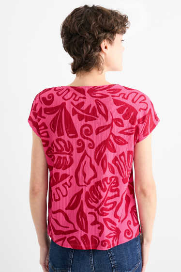 Dames - T-shirt met V-hals - regular fit - met patroon - fuchsiarood