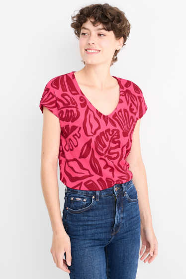 Dames - T-shirt met V-hals - regular fit - met patroon - fuchsiarood