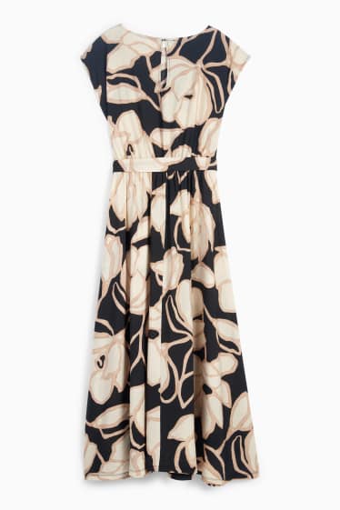 Dames - Jurk - straight fit - gebloemd - zwart / beige