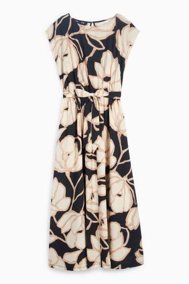 Dames - Jurk - straight fit - gebloemd - zwart / beige