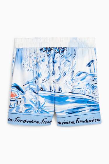 Damen - Shorts - Mid Waist - gemustert - weiß / hellblau