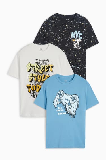 Kinder Jungen - Multipack 3er - Gaming und Graffiti - Kurzarmshirt - blau