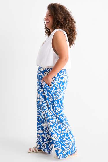 Damen - Stoffhose - High Waist - Wide Leg - gemustert - blau / weiss