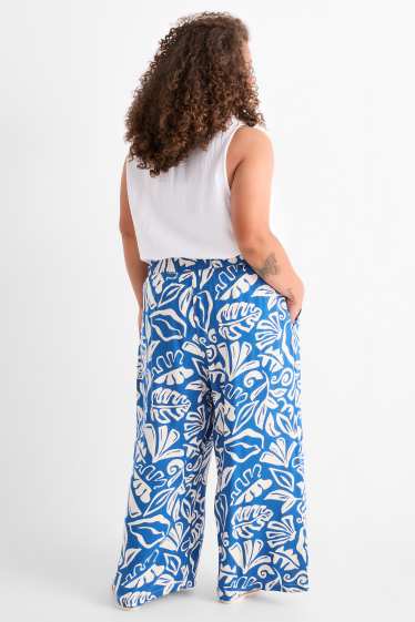 Damen - Stoffhose - High Waist - Wide Leg - gemustert - blau / weiss