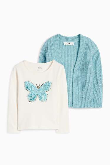 Kinder Mädchen - Schmetterling - Set - Langarmshirt und Strickjacke - türkis