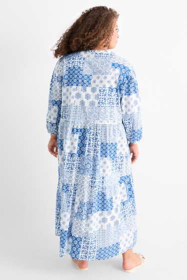 Damen - Blusenkleid mit V-Ausschnitt - gemustert - weiß / hellblau