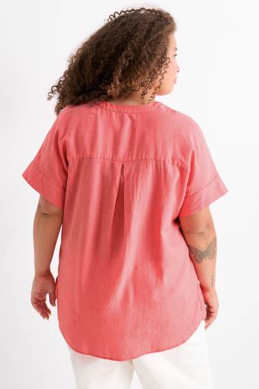 Damen - Bluse mit V-Ausschnitt - Leinen-Mix - dunkelrosa
