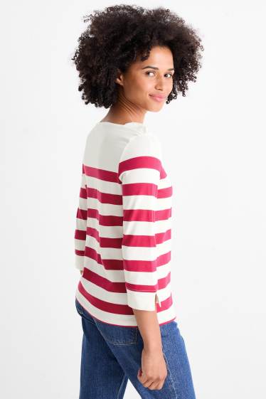 Dames - Basic longsleeve - gestreept - wit / fuchsiarood