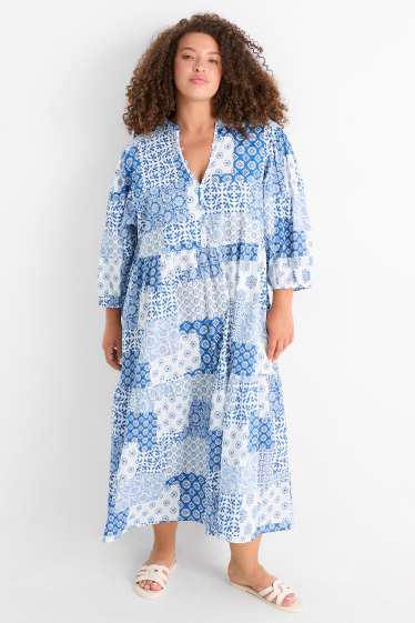 Damen - Blusenkleid mit V-Ausschnitt - gemustert - weiß / hellblau
