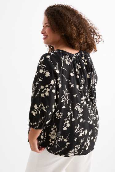Damen - Bluse - Leinen-Mix - geblümt - schwarz