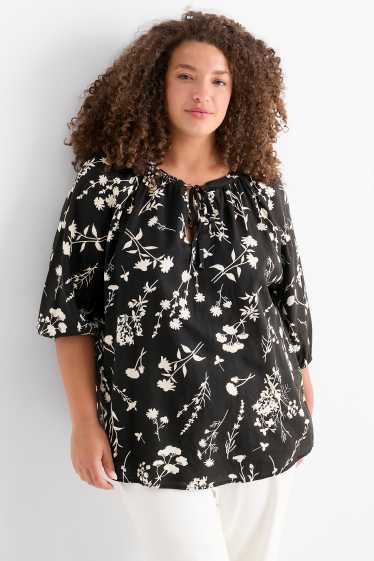 Damen - Bluse - Leinen-Mix - geblümt - schwarz