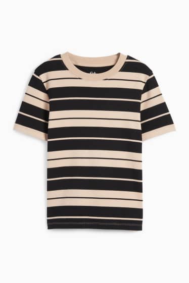 Dámské - Tričko basic - slim fit - pruhované - černá/béžová