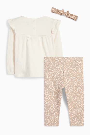 Baby: meisjes - Bloemetjes - baby-outfit - 3-delig - beige