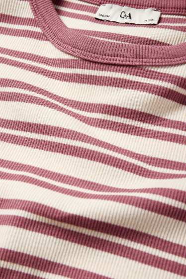 Kinderen: meisjes - T-shirt - ribstof - gestreept - donker rose