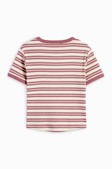 Kinderen: meisjes - T-shirt - ribstof - gestreept - donker rose